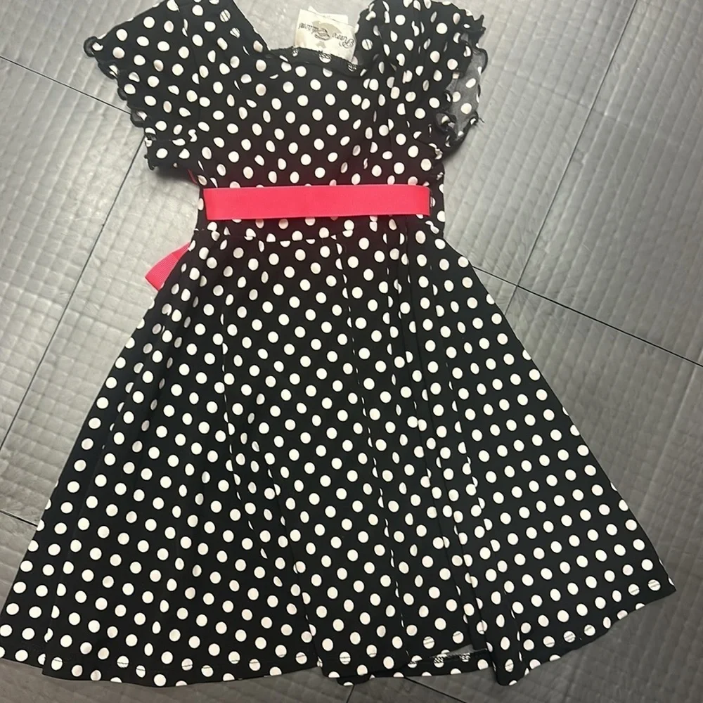 RARE EDITIONS GIRLS SIZE 3T DRESS BLACK AND WHITE POLKA DOT HOT PINK BOW